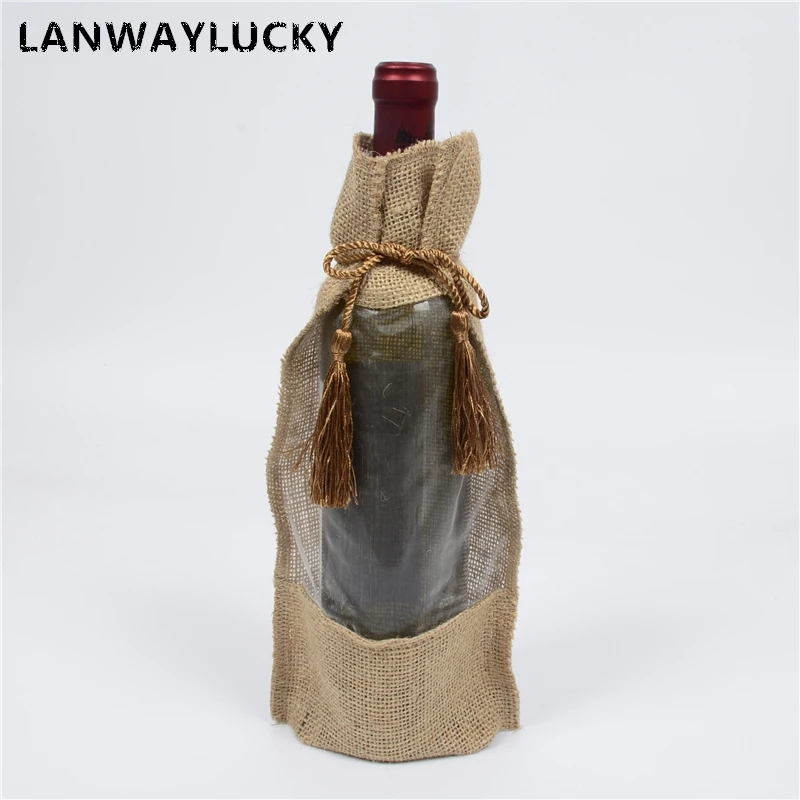 5.9x12.2 Jute Wine Bottle Bags With Organza Window Burlap Covers Linen Pouch Christmas Soybean Coffee Bean Storage Jewelry Packaging