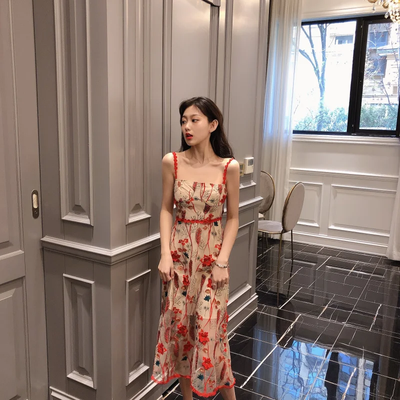 

Women's Clothing Vintage party dress elegant Lace Floral Strapless Slash Neck spaghetti strap Dresses New summer dress women