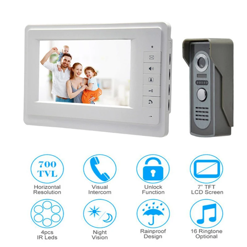 

7'' TFT LCD Visual Intercom Doorbell Wired Video Door Phone System Indoor Monitor 700TVL Outdoor IR Camera Support Unlock