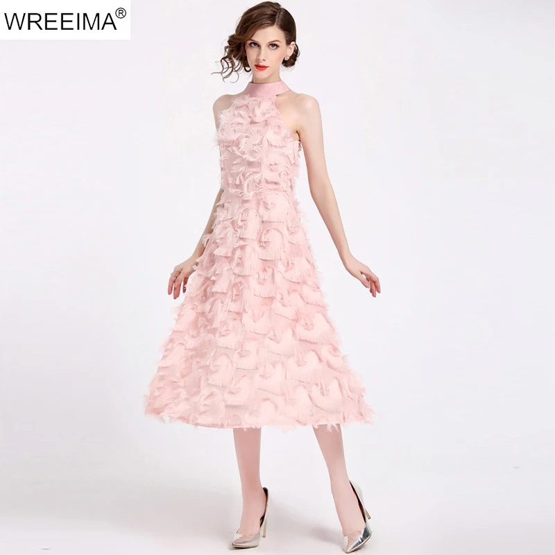 WREEIMA 2018 Summer pink fluffy tassel dress halter neck cold shoulder