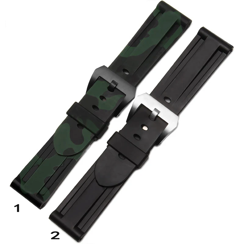 

24mm Mens Black Waterproof Silicone Rubber Watchbands Camouflage color Black Silver Strap Buckle Clasp Replacement For Panerai