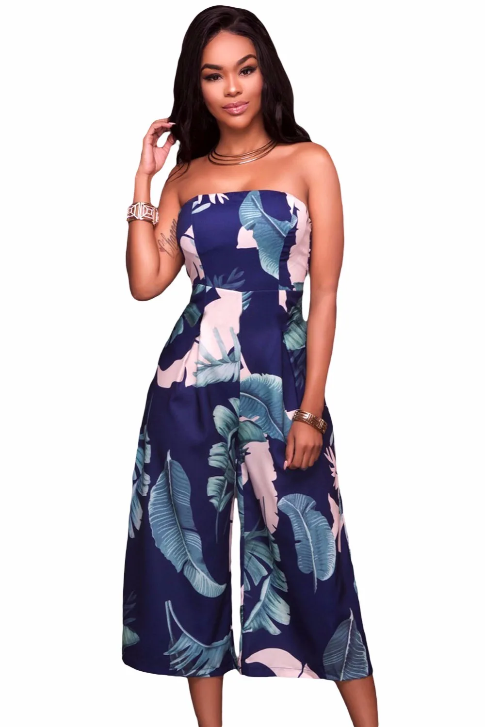 Leaf Print Strapless Capris Jumpsuits Fashion Real Elegant Rompers