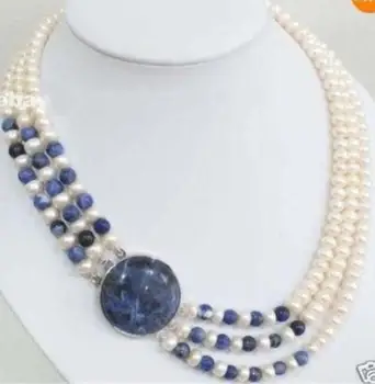 

3 Rows Natural 7-8mm White Cultivation Pearl & Lapis lazuli Round Beads Necklace