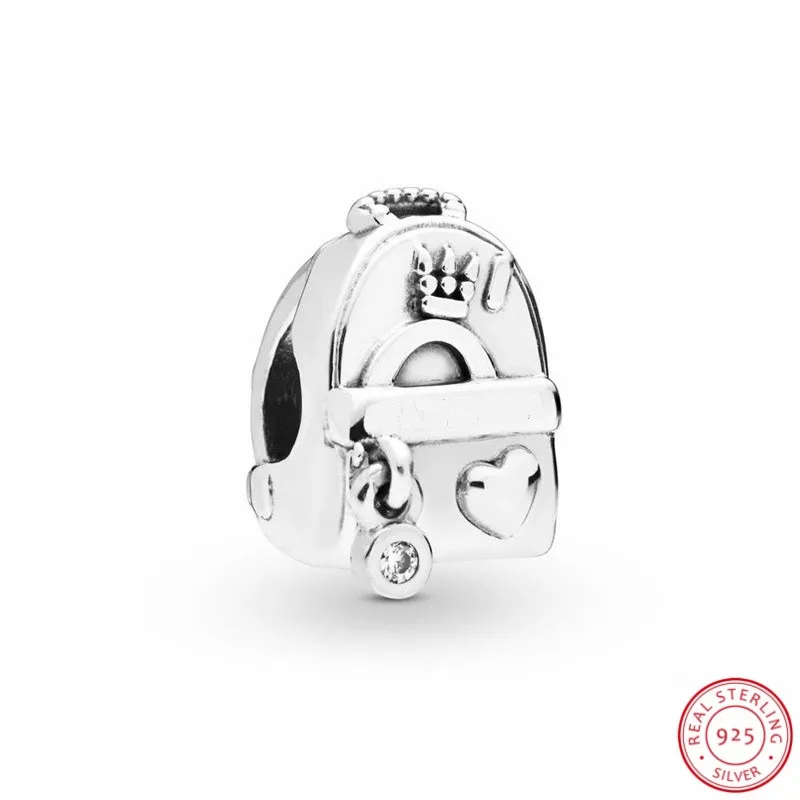 

Silver 925 Adventure Bag Charm with Embossed badges and Stone Pendant Fit Pandora Bracelet DIY Women Jewelry Making FL910