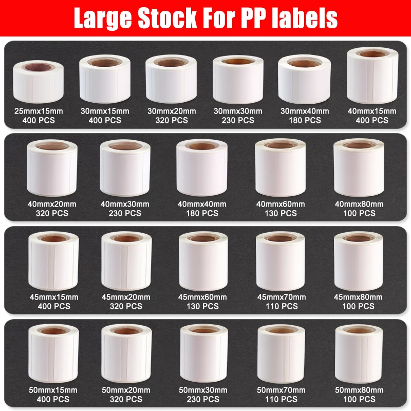 Etiqueta térmica impermeable PP, núcleo de 25mm, ancho 20mm ~ 50mm, etiquetas adhesivas sintéticas PP para impresora de etiquetas móvil/de escritorio