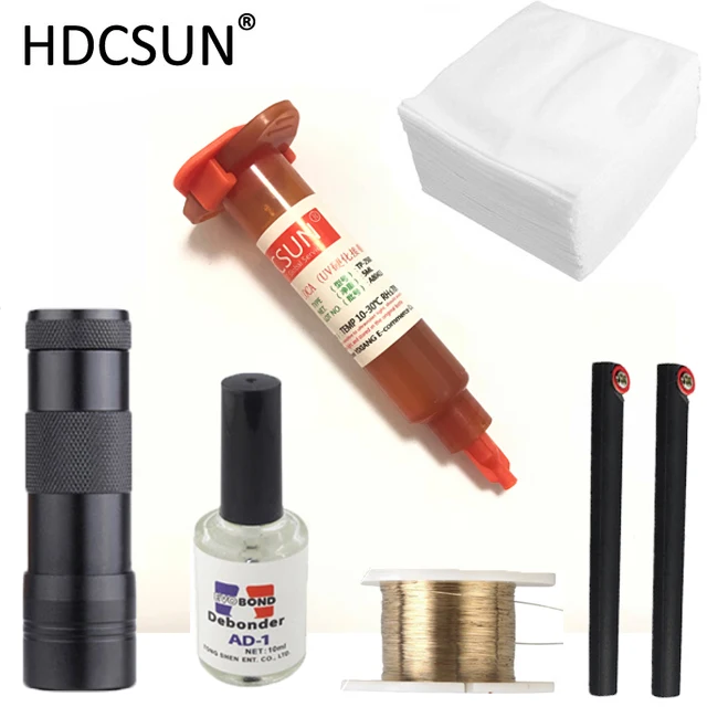 

New 6 in1 LOCA tp-2500 UV Glue 5ml +UV curing light+Uv Glue Remover 20g +Cutting Wire 50m+clothes For LCD Touch Screen Repair