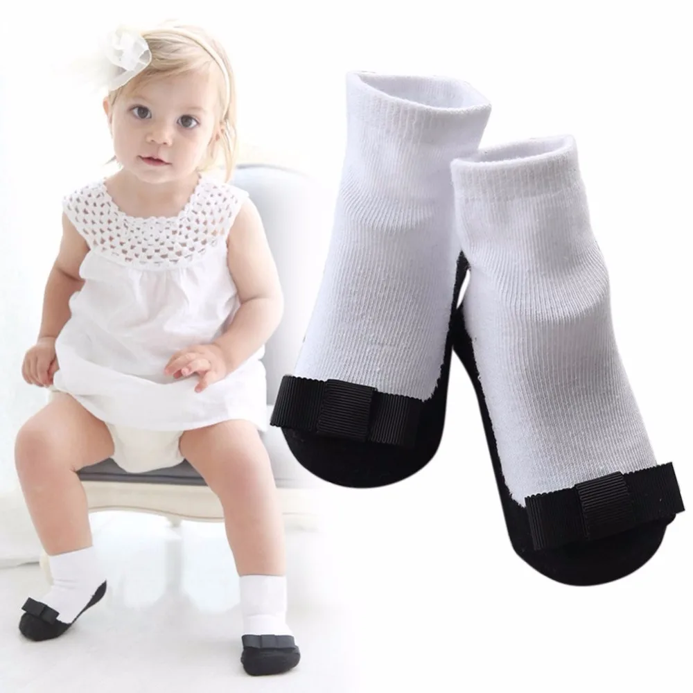 

Baby Cute Girl leather shoes black ribbon bow main Anti Slip Boots Ankle Socks