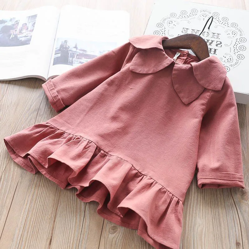 

2018 New Autumn Fashion Cute Baby Girl Dress Toddler Girls Flower Collar Dresses with Long Sleeve Princess Pink Cotton Clothing