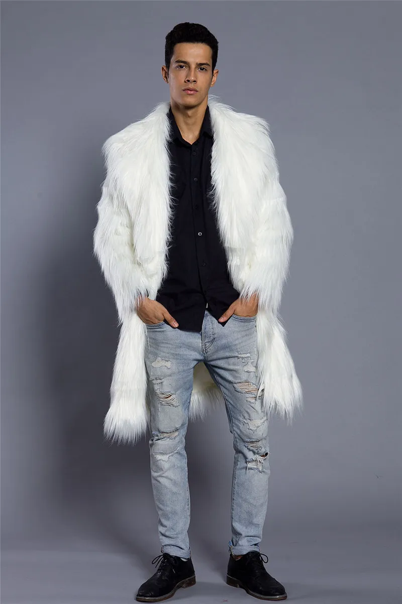 Mens Coat Faux Fur Jacket Mens Faux Fur Fur Coat Autumn Winter Long Trench Coat Color White/Gray ...