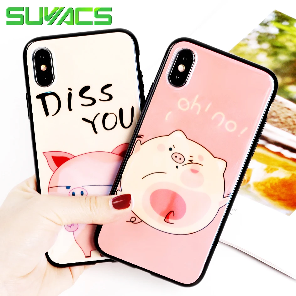

SUYACS Glossy Blu-ray Phone Case For iPhone 6 6S 7 8 Plus X English Letters '' Diss You '' Cartoon Pig TPU Soft Cases Cover Bag