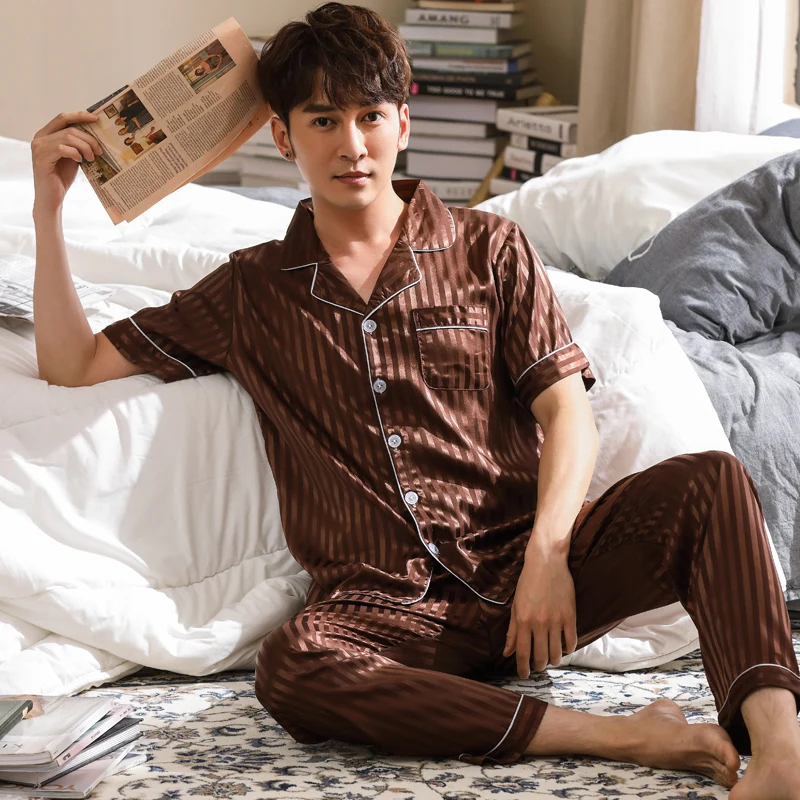 Новая мужская одежда для сна мужские длинные брюки с коротким рукавом пижама