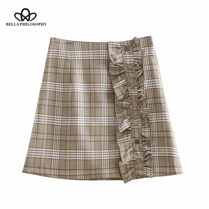 Wonder 2018  autumn Vintage Sweet Buttons Plaid Ruffles Mini Skirts Women OL A-Line Side Zipper Office Lady Skirt Casual Faldas