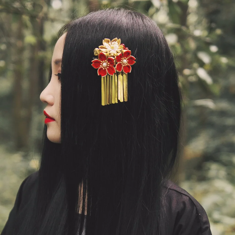 Японский стиль винтажные цветочные аксессуары для волос подвеска красное золото двойные цветы украшения для волос