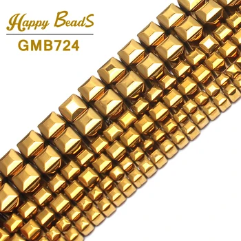 

High quality Natural Stone Beads Square Cube Golds Plated Hematite Beads For jewelry Making 15inch 3/4/6mm Beads Making Bracelet