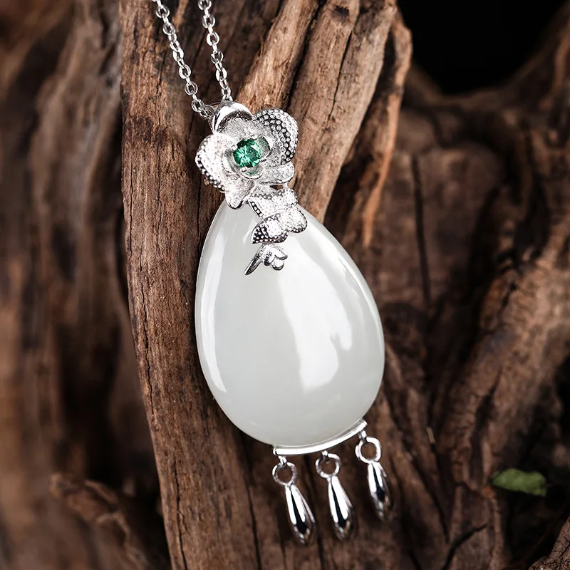 

silver s925 Silver Natural Hotan semi-procious stone pendant Dropping Temperament Female Individual Ethnic Style Retro jewelry
