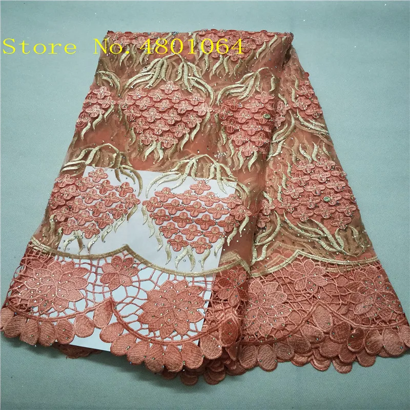 

2019 New Peach African Tulle Lace Fabric Guipure Lace High Quality French Net Laces Fabric With Stones For Dress