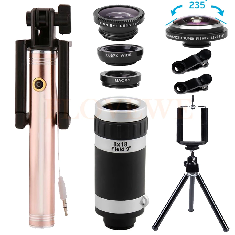 

Phone lenses Kit 8X Telephoto Zoom Lentes Telescope 235 degrees Fisheye Wide Angle Macro Lens For iPhone 5 6 s 7 Monopod Tripod