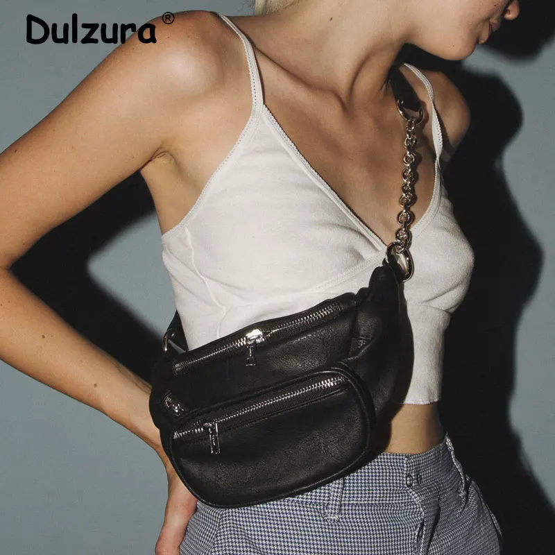 

Fashion Rock Black PU Waist Bag Women Faux Leather Fanny Sling Chest Back Bags Casual Zipper Biker Pack Travel Waist Packs