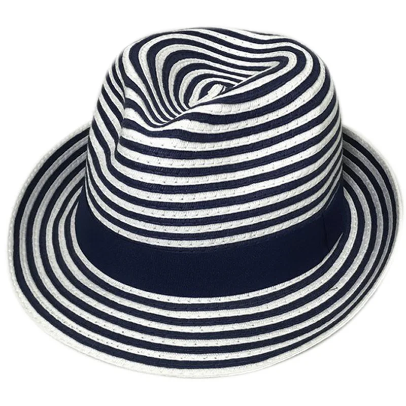 

Summer Sun Hat Women Straw Hat Female Panama Hat Blue White Striped Patchwork Beach Brand Ladies Jazz Hat