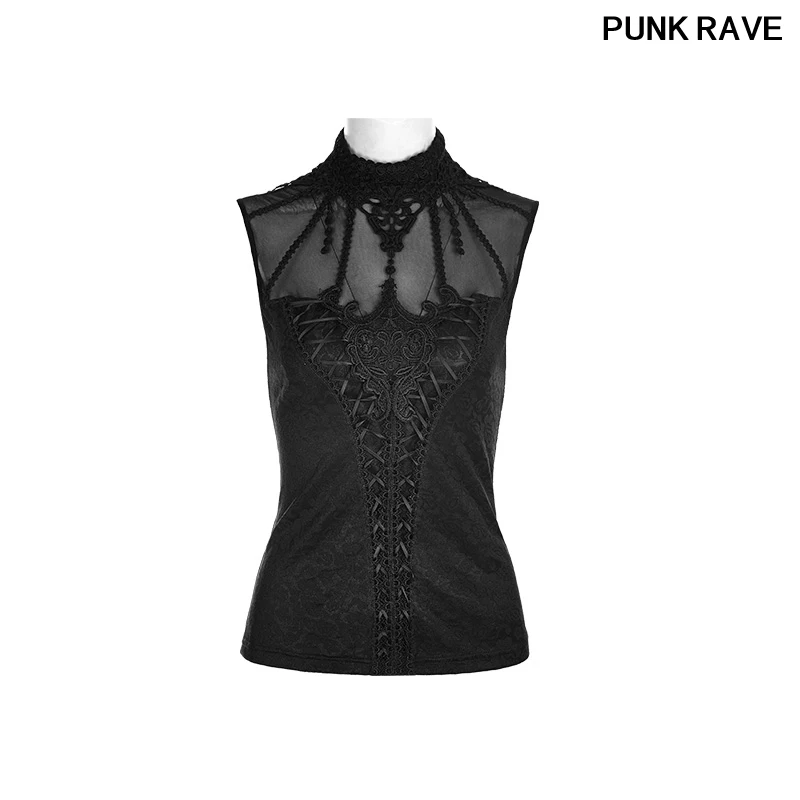 

Gothic Jacquard Fringed Lace Ribbon Draw String Adjustment Buckle Collar T-shirt Sleeveless Latin T shirt PUNK RAVE WT-496BXF