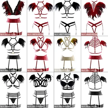 

Feather Body Hraness Set Strappy Top Cage Lingerie Pentagram Sexy Breast Belt Punk Goth Plus Size Women cosplay Art Rave