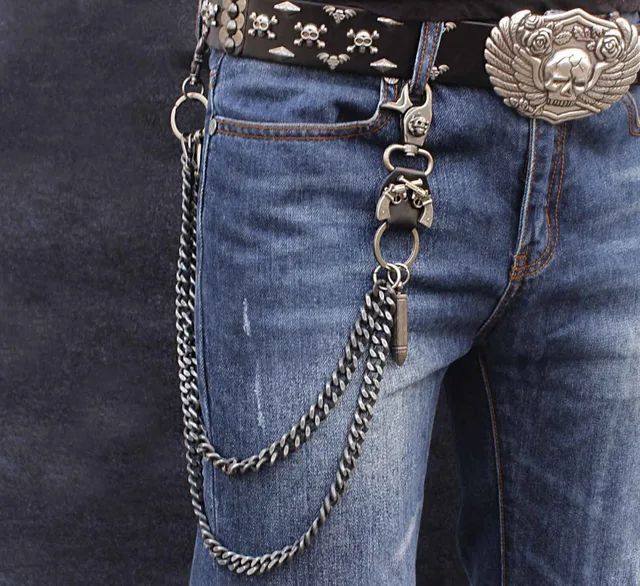 Mens Skull Clasp Double Chain Biker Trucker Punk Keychain Key Jean Wallet Chain-in Bag Parts ...