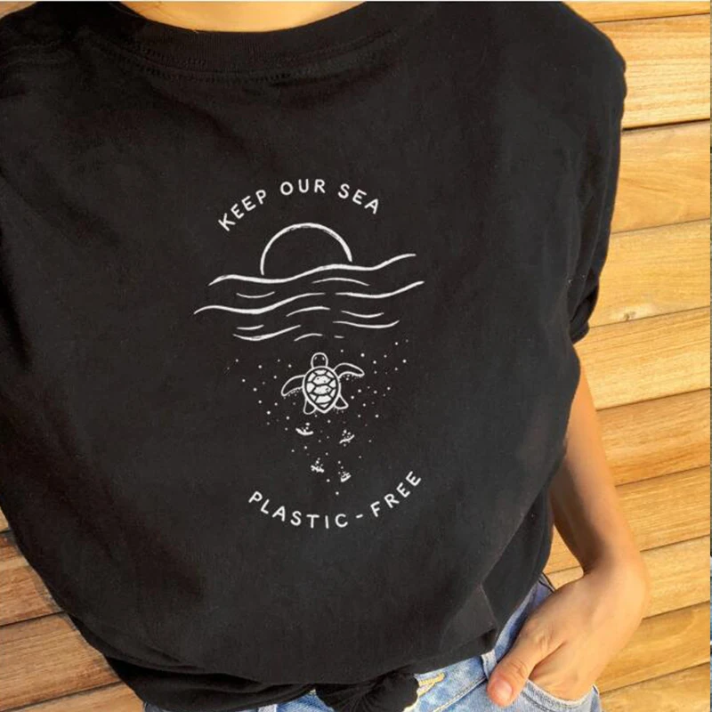 Keep Our Sea пластиковая свободная футболка женская Эстетическая графическая футболка Защита окружающей среды хлопок короткий рукав Футболка Топы Прямая