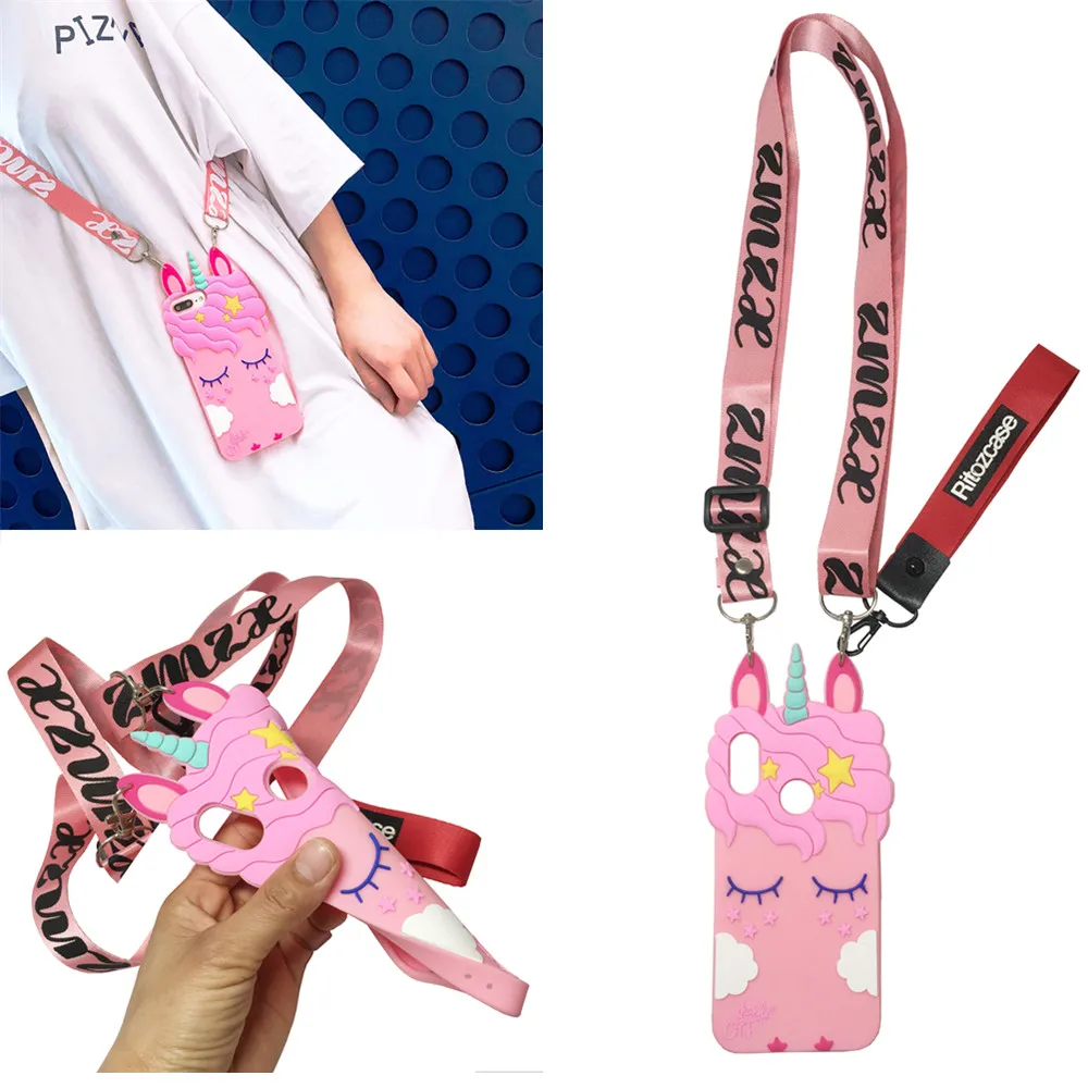 

case for xiaomi mi A2 lite case cover cute 3d cartoon pink unicorn shoulder strap soft silicone phone bag cases for xiaomi mi A2