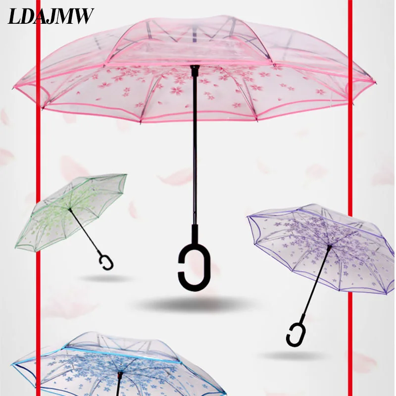 Kaufen LDAJWM Transparent Reverse Regenschirm Doppel Schicht Kirschblüten Invertiert Regenschirm Regen Frauen C Haken Winddicht Faltung Sonnenschirm