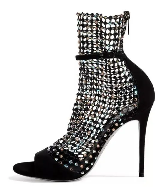 Пикантные сетчатые туфли на высоком каблуке; женские блестящие туфли-лодочки с украшением в виде кристаллов; летние сандалии с острым носком из натуральной кожи - Цвет: black