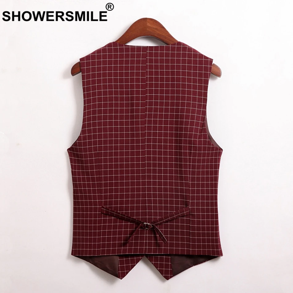 SHOWERSMILE Plaid Waistcoat Women Red Sleeveless Blazer Vest Ladies Checkered Slim Office Lady Female Spring Summer Gilet 3XL