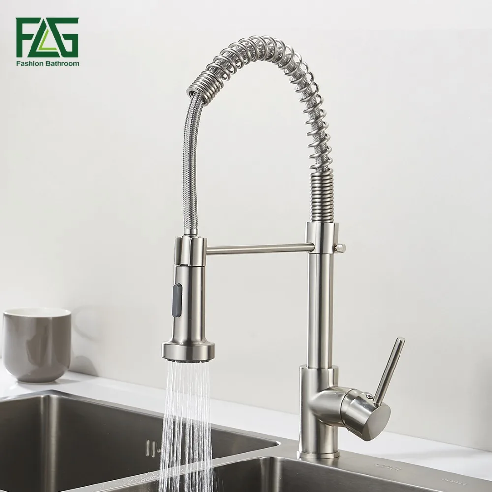  Spring Style Kitchen Faucet Brushed Nickel Faucet Pull Out Torneira All Around Rotate Swivel 2-Func - 32678162566