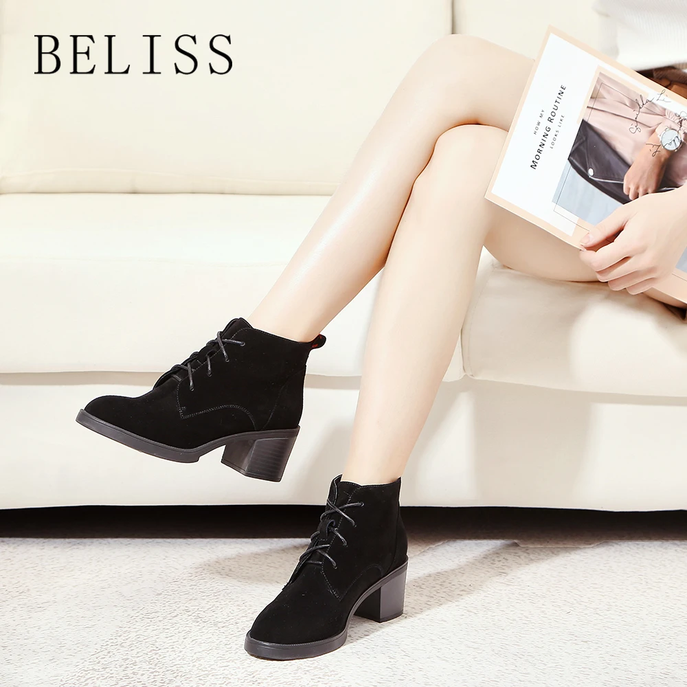 

BELISS women ankle boots chunky high heel round toe genuine leather martin boots female platform lace up women boots autumn B54