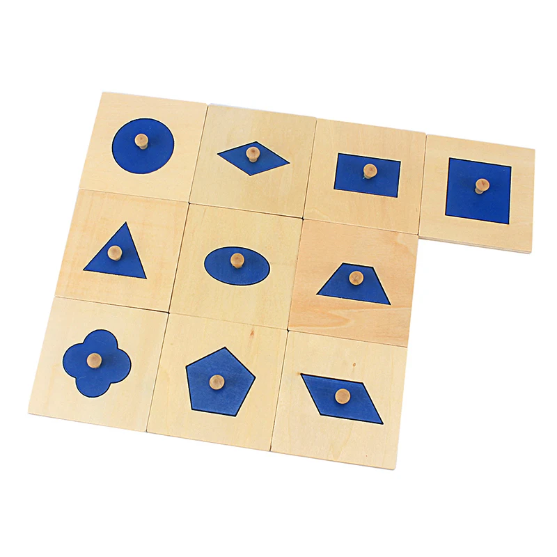 

10Pcs Family Version Montessori Wood Blue Geometric Shapes Panel/Insets Wooden Pegged Sensorial Toys for Children Preschool Aids