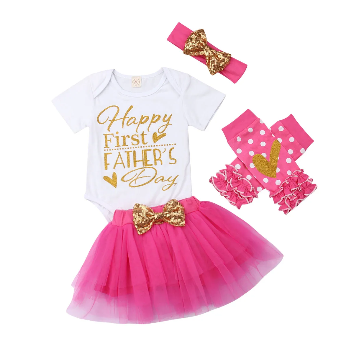 

Toddler Baby Girls 4Pcs Sets Happy First Father 's Day Printed Romper Tops Polka Dot Tutu Skirt Dress with Headband Leg Warmer