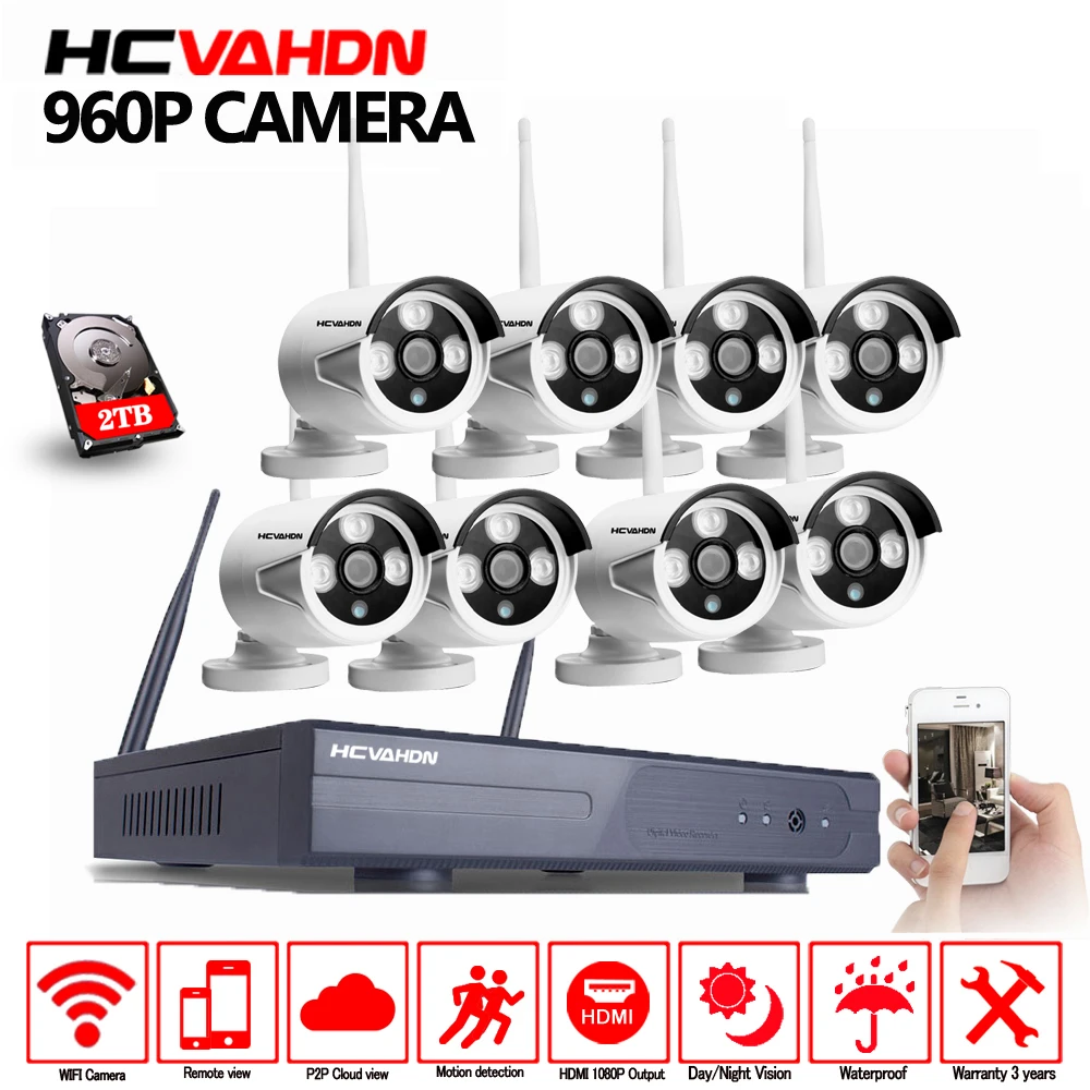  Sistema de CCTV inalámbrico NVR Kit P2P 8CH 8 piezas 960 P HD al aire libre IR visión nocturna de l