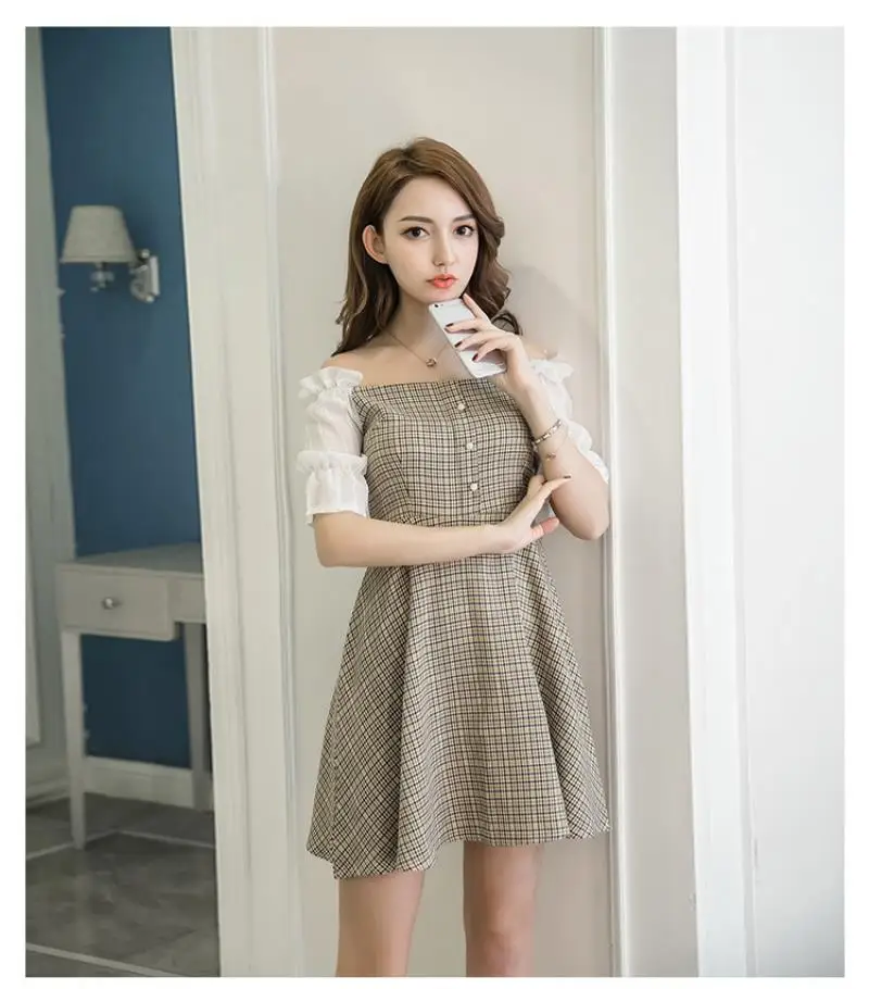 2018 Summer New Women Fresh Lattice Feifei Sleeve Dress Short Fund Leisure Time Vest Fashion A-line Dress