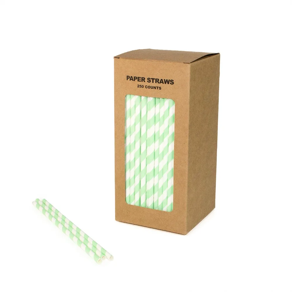 

Free Shipping 100% Biodegradable Paper Straws Stripe Mint Green And White Drink Straws 250 Counts Box