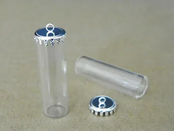 

One side open Tube shap glass globe with silver plated crown ring base no filler glass bottle jewelry pendant 40x12mm