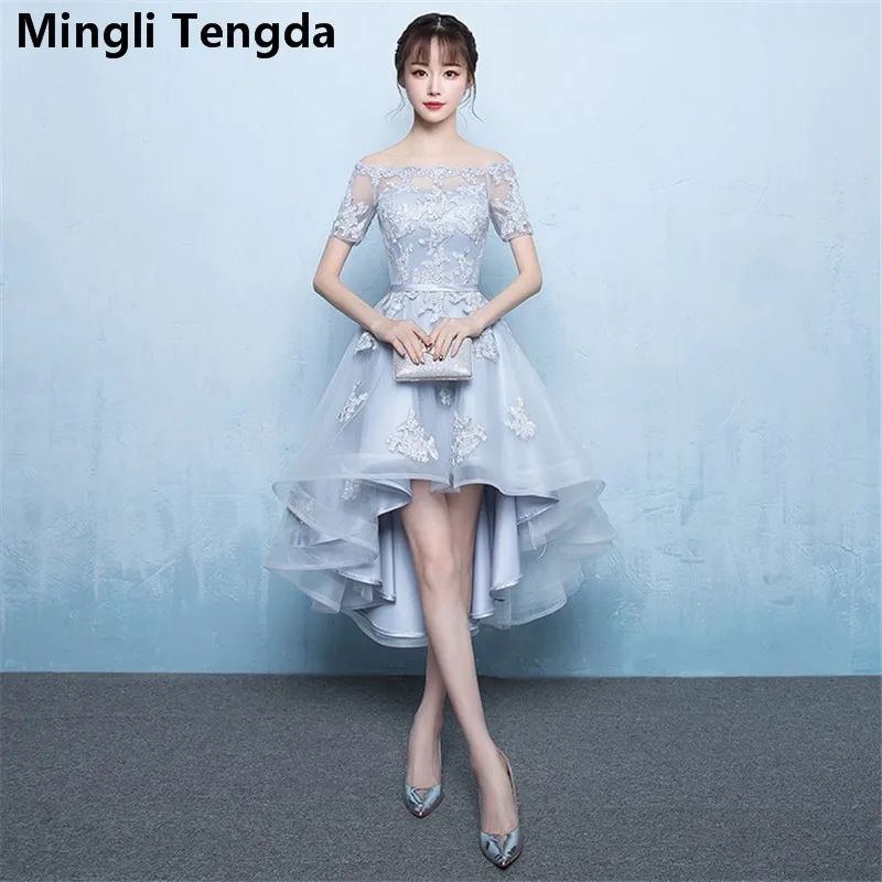 

Mingli Tengda 2018 Gray/Champagne Bridesmaid Dresses Boat Neck Dress for Wedding Party Lace Short Bridesmaid Dress Elegant Dress