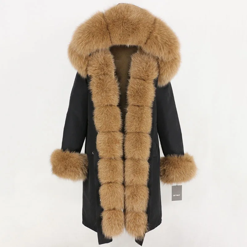 Женское пальто на меху с капюшоном OFTBUY, черная непромокаемая парка со съемным натуральным лисьим мехом на капюшоне, зима