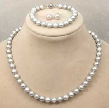 

Miss charm Jew.583 hot genuine 9-10MM south sea gray pearl necklace bracelet earring stud set (A0423)