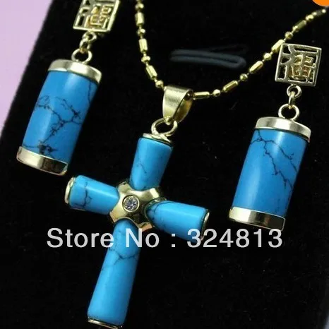 

HOT SELL - Exquisite Turquoise Cross Pendant Necklace + Earrings Set #2007 -Top quality free shipping