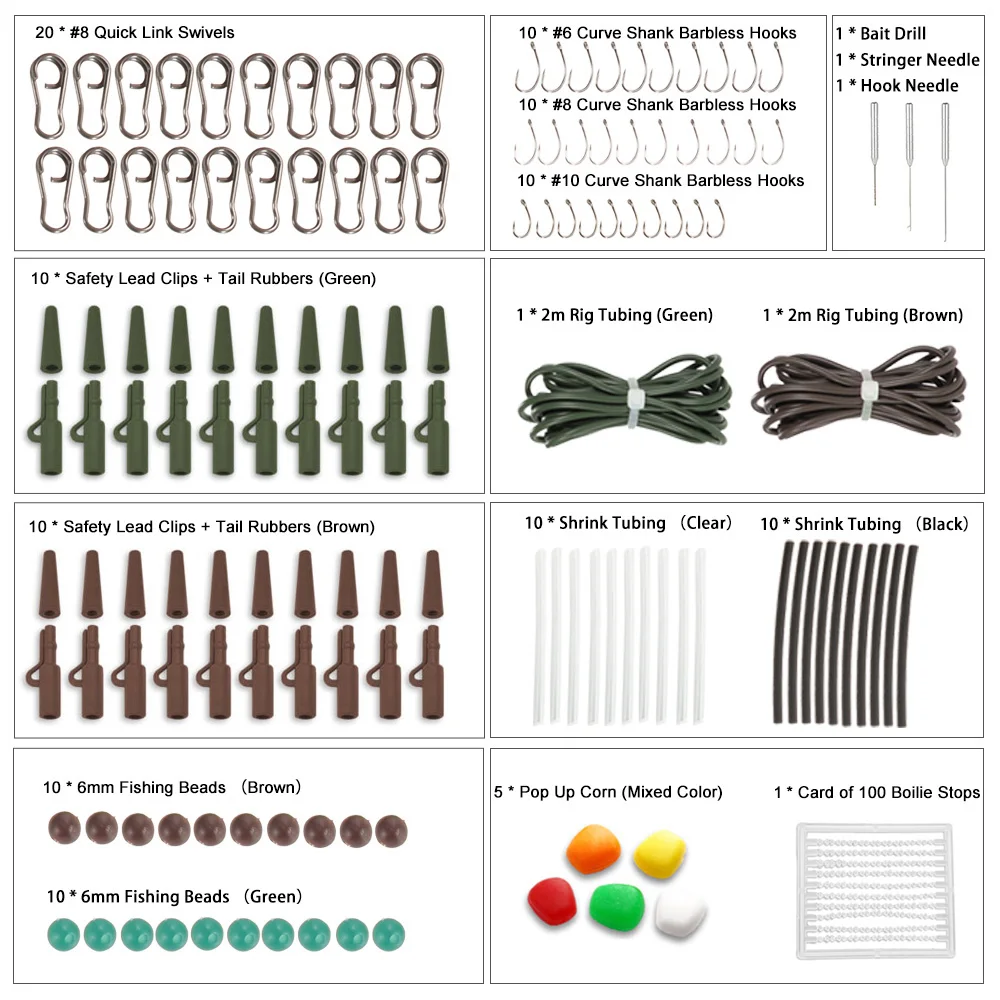 142 шт./лот, приманка для ловли карпа, аксессуары для рыбалки, набор рыболовных снастей с Вертлюгами/крючками/рукавами/резиновыми трубками для ловли карпа