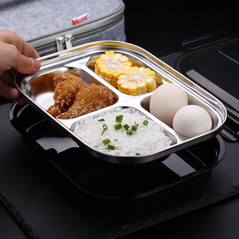 Black Food Container Stainless Steel Lunch Box Kids School Insulated Thermal Bento Lunchbox Plastic Whit Bag Japan Style