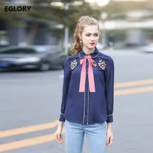 100% Silk Shirts Women New Style 2018 Spring Turn-down Collar Pink Bow Beading Jewlery Long Sleeve Shirt Dark Blue Silk Blouses