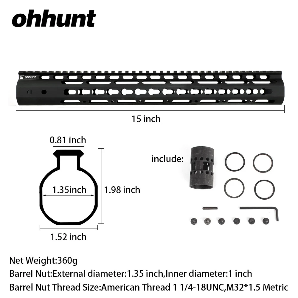 Ohhunt Tactical " 9" 1" 12" 13," 15" AR15 Rail NSR Free Float Keymod Handguard Пикатинни со стальной бочковой гайкой - Цвет: 15 Inch