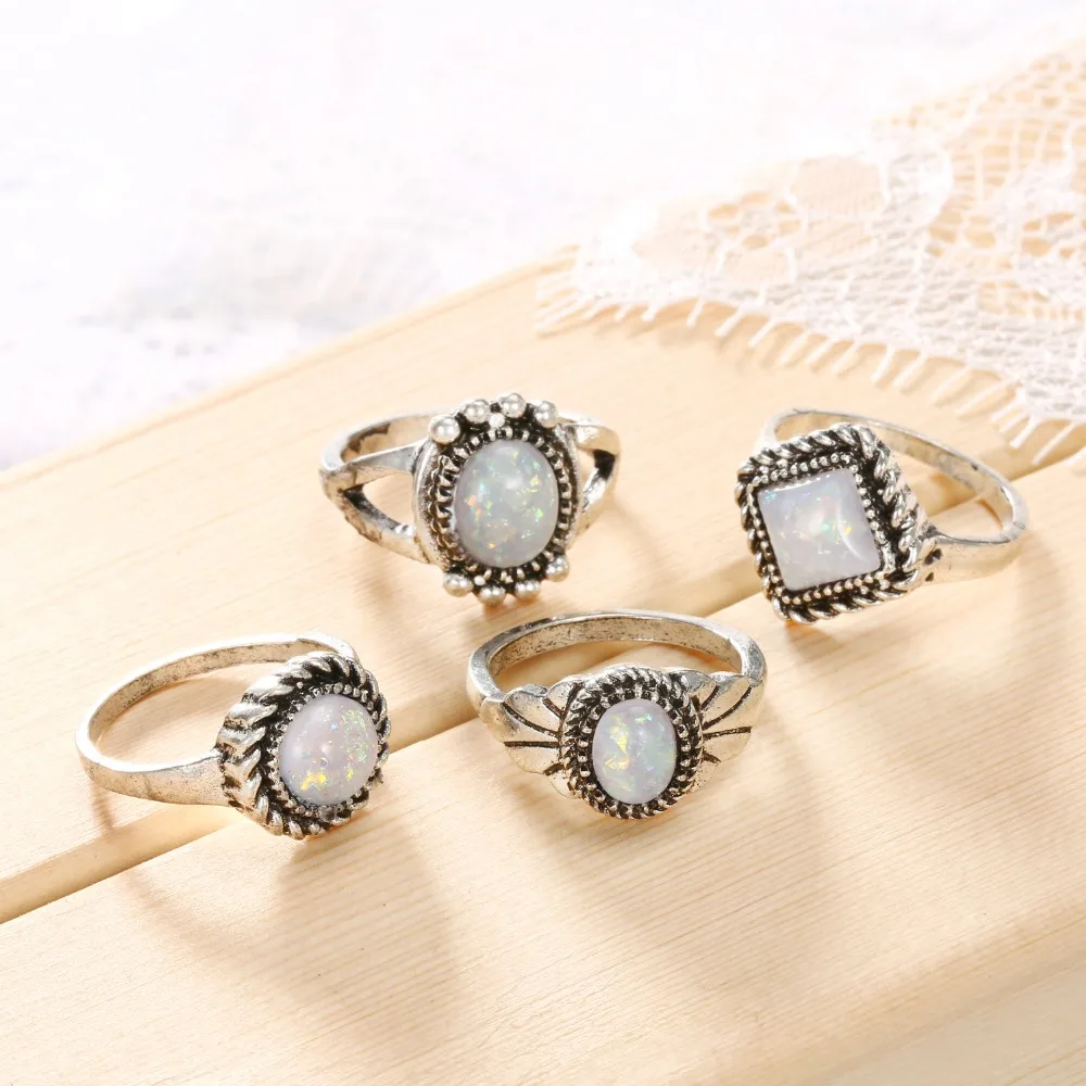 FAMSHIN 4 шт. Vintage Opal камень набор колец для женщин старинное серебро Цвет