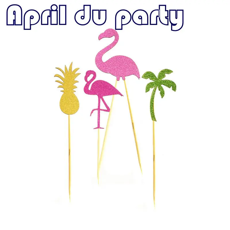 

4pcs /set Pink flamingo pineapple cactus cupcakes flag birthday card Hawaiian wedding party decoration