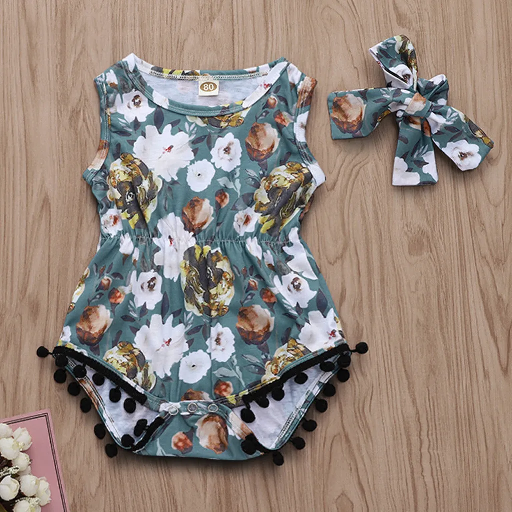 

baby bodysuit girl cotton Toddler Kid Baby GirlsFloral BodysuitOutfit Headband Clothes Summer kid baby girl clothes#06